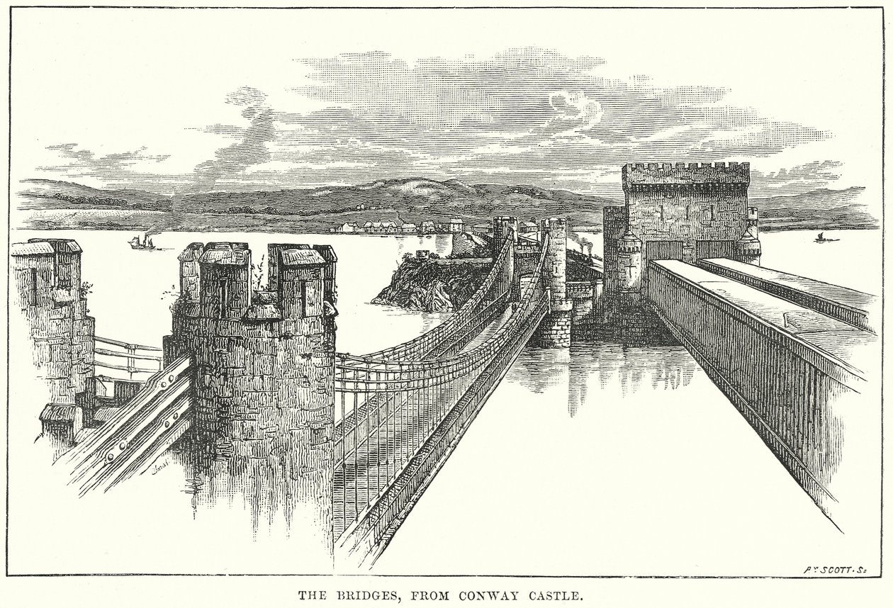 Les ponts, depuis le château de Conway (gravure) - English School