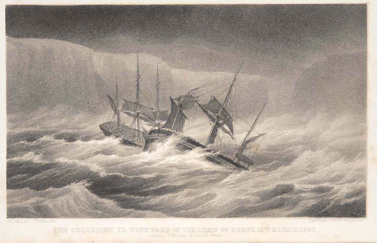 La collision, extrait de Voyage of Discovery and Research in the Southern and Antarctic Regions par le capitaine Sir James Clark Ross, pub. 1847 (gravure) - English School