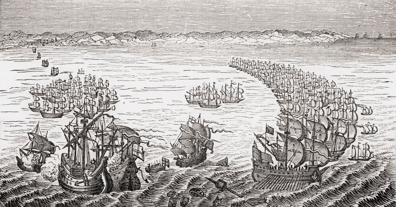 La flotte anglaise, commandée par Sir Francis Drake, attaquant l
