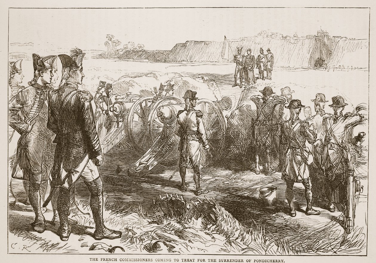 Les commissaires français venant négocier la reddition de Pondichéry, illustration de Cassell
