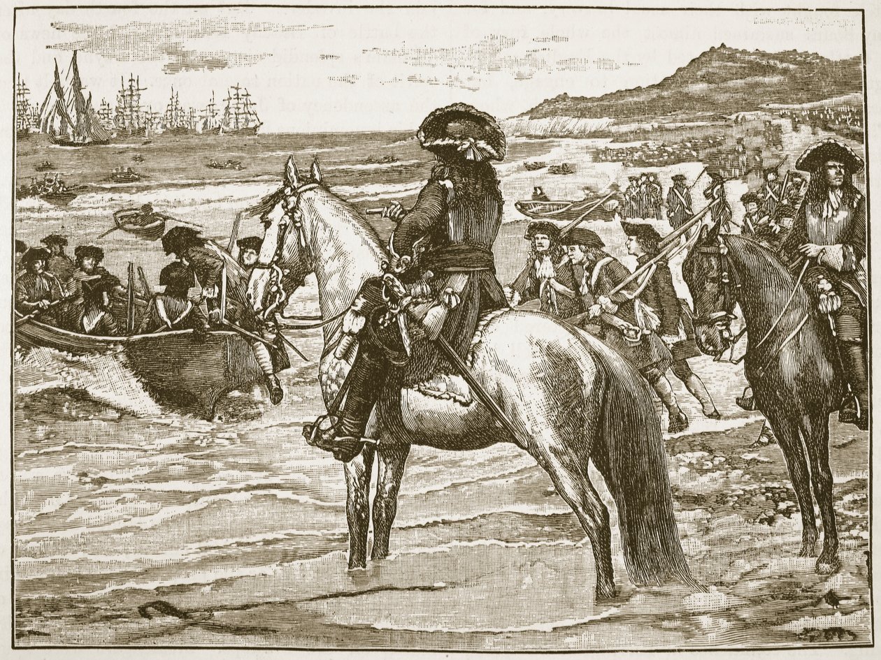 Les Français se retirant de Torbay (illustration de Cassells Illustrated History of England) - English School
