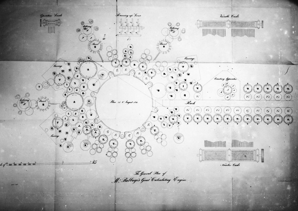 Le Plan Général de la Grande Machine à Calculer de M. Babbage, gravé par Bolton, imprimé par Lemercier Bernard & Co - English School