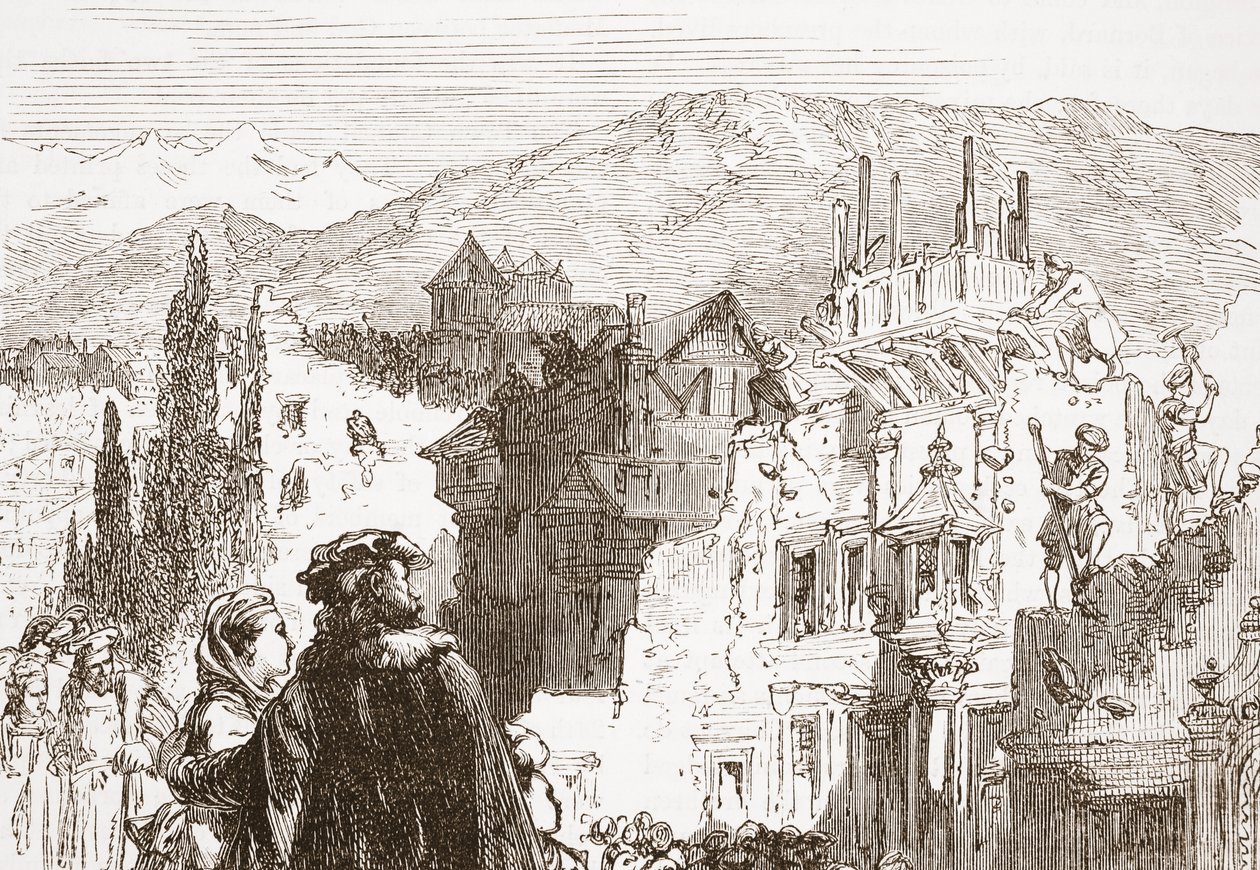 Les Genevois détruisant les faubourgs de leur ville, illustration de L
