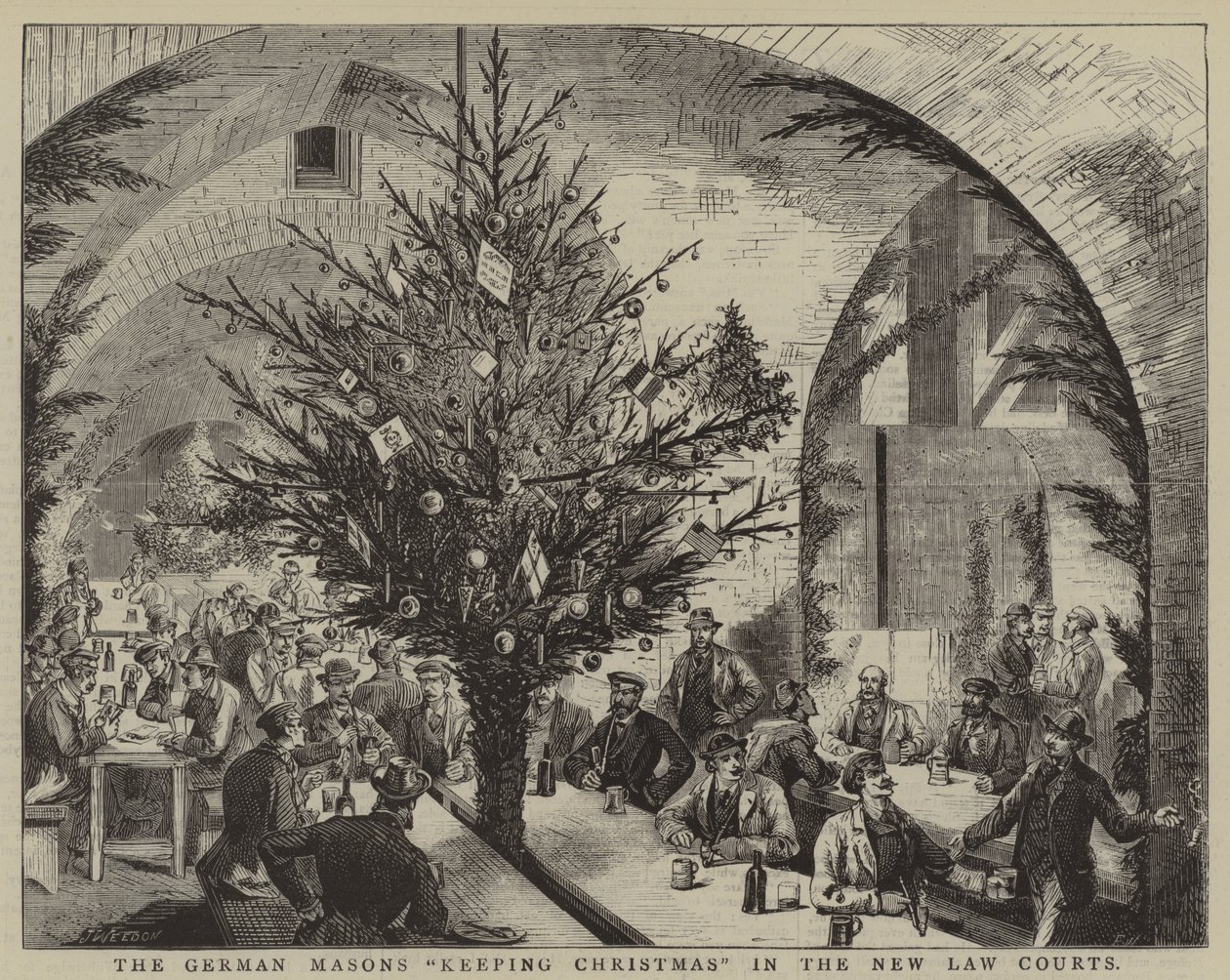 Les maçons allemands "fêtant Noël" dans le nouveau palais de justice (gravure) - English School