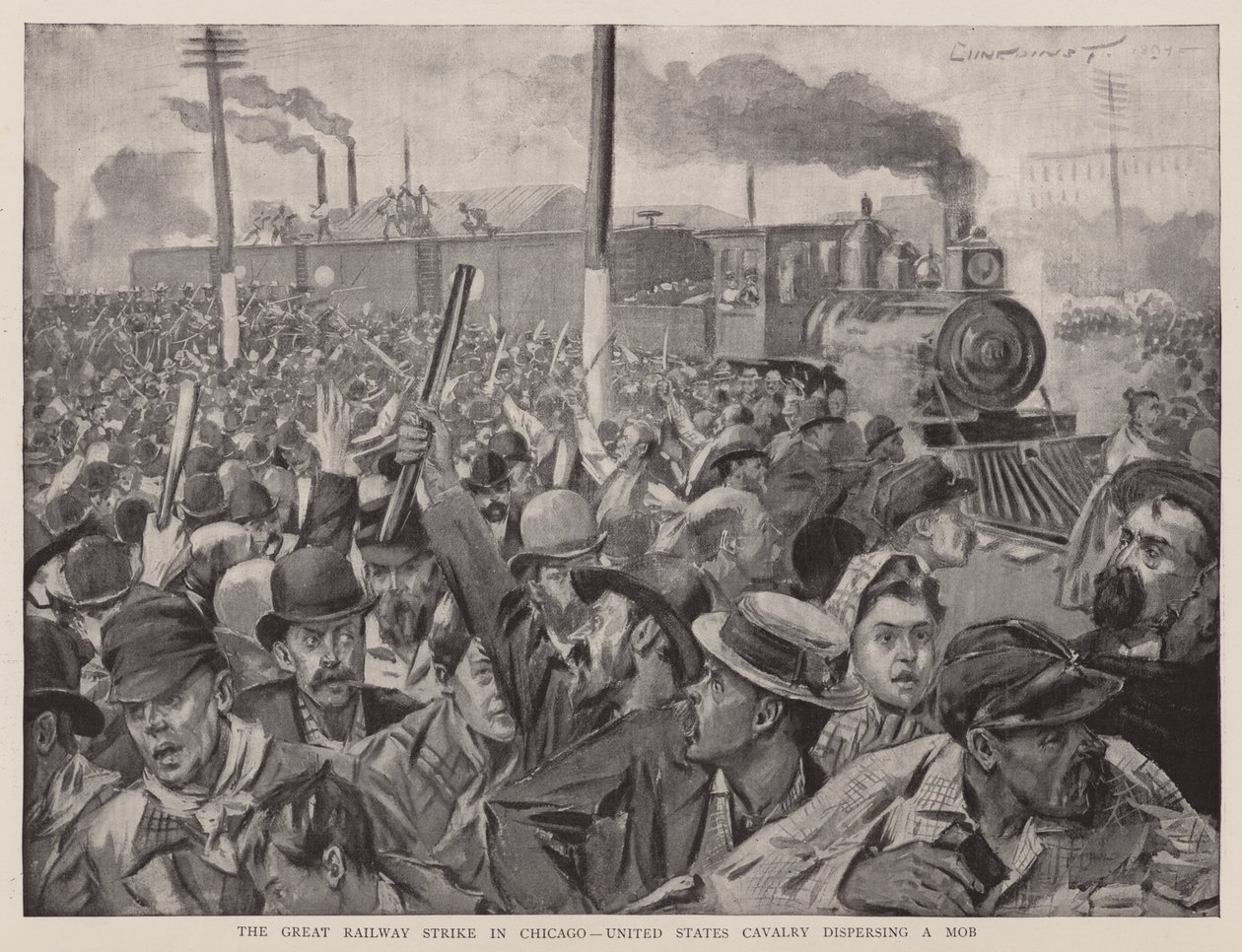 La grande grève des chemins de fer à Chicago, la cavalerie américaine dispersant une foule (litho) - English School