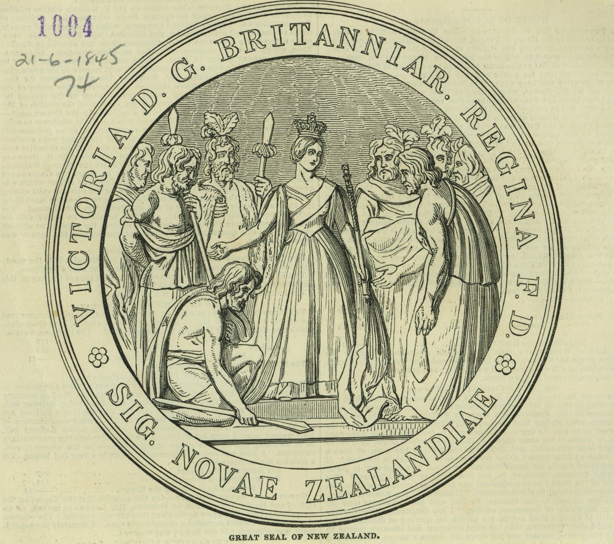 Le Grand Sceau de la Nouvelle-Zélande, de The Illustrated London News, 21 juin 1845 - English School