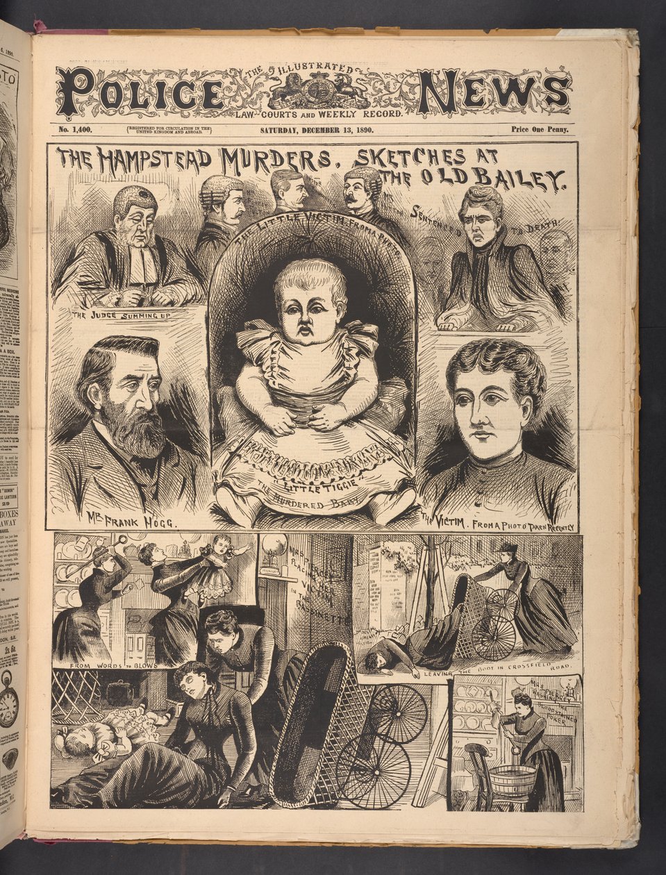 The Hampstead Murders, Sketches at The Old Bailey, tiré de The Illustrated Police News, samedi 13 décembre 1890 (papier journal) - English School