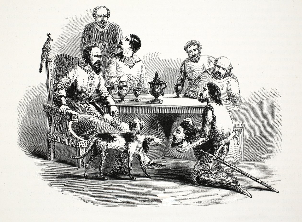La tête de Llewelyn apportée à Edward au château de Conway, publié au 19ème siècle (gravure sur acier) - English School