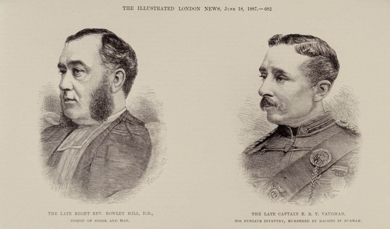 Le défunt révérend Rowley Hill, évêque de Sodor et Man et le défunt capitaine E. B. T. Vaughan, 6e Infanterie du Punjab, assassinés par des dacoits en Birmanie, de The Illustrated London News, 18 juin 1887 - English School