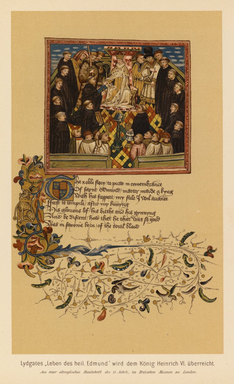 La vie de saint Edmond, roi et martyr, par John Lydgate, présentée à Henri VI (lithographie en couleurs) - English School