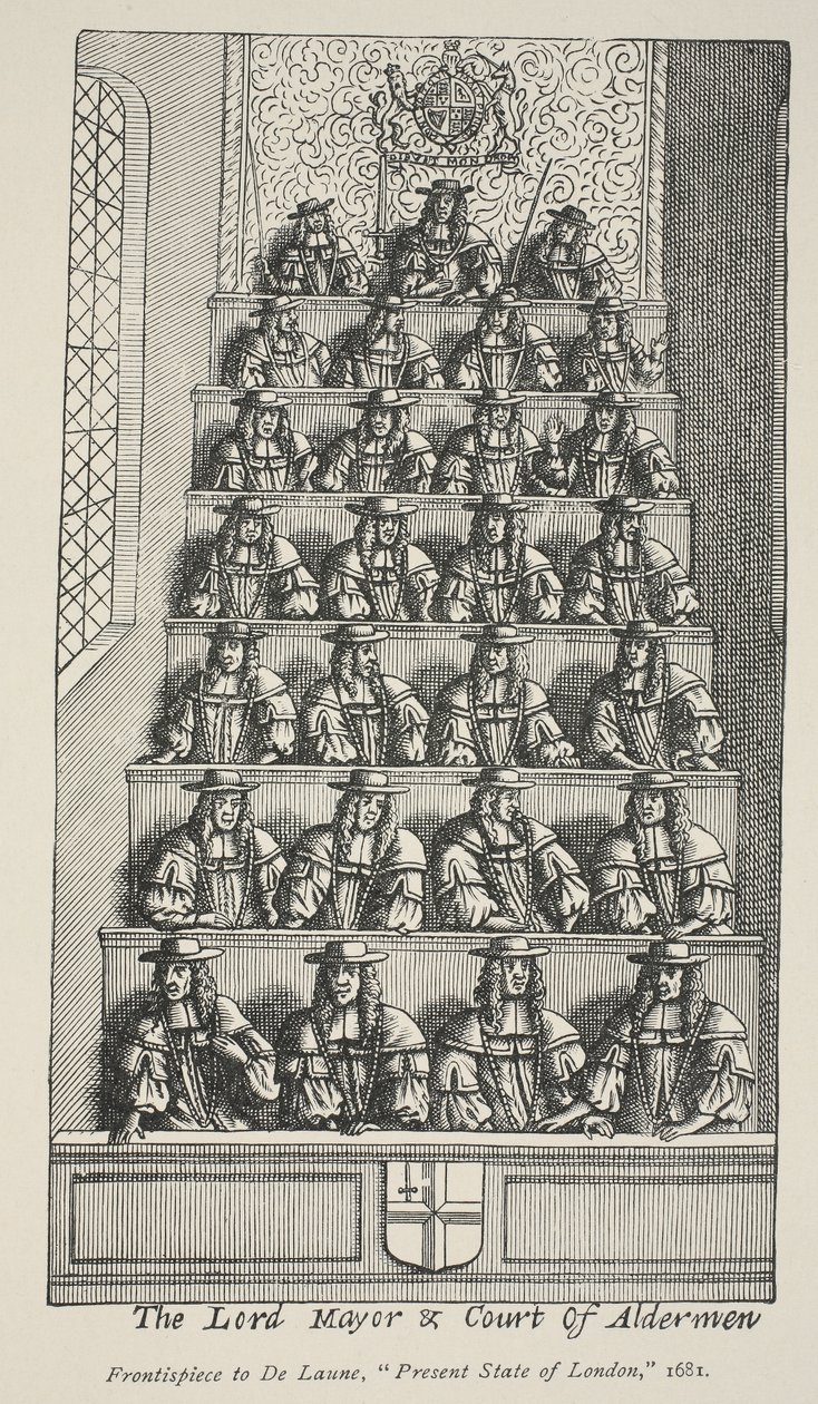 Le Lord Maire et la Cour des Échevins, frontispice de Angliae Metropolis de De Laune, 1681 - English School