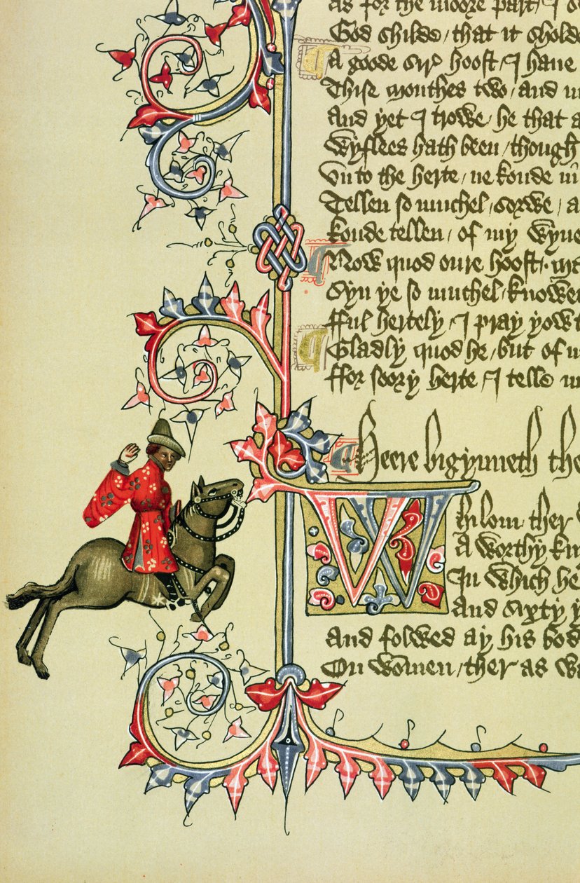 Le Marchand, détail fac-similé des Contes de Canterbury, par Geoffrey Chaucer (c.1342-1400) - English School