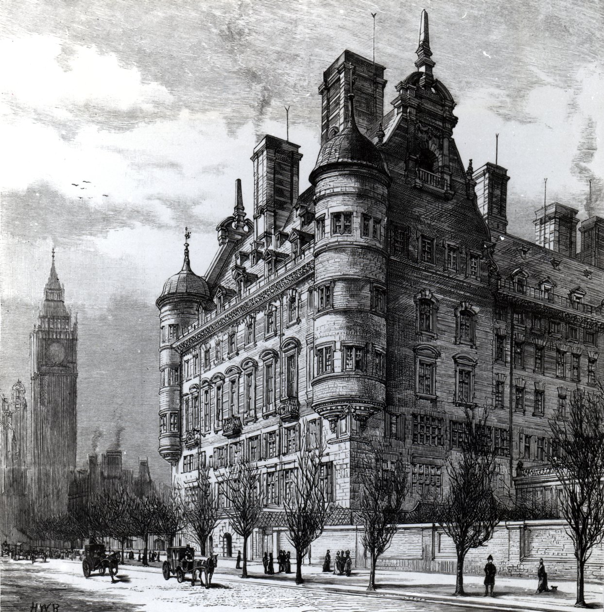 Les nouveaux bureaux de police sur le Victoria Embankment, gravé par H.W.B., publié dans 