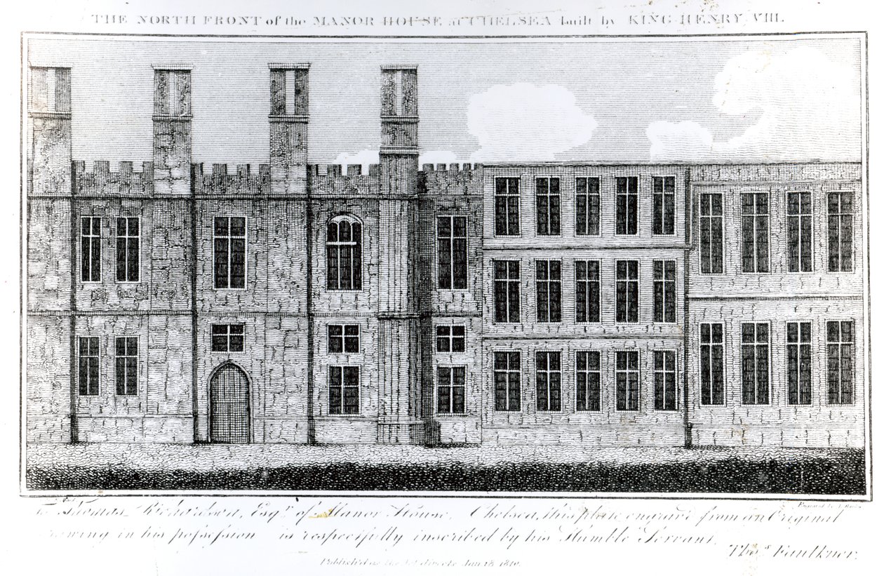 Façade nord du manoir de Chelsea construit par le roi Henri VIII, gravé par J. Barlow, illustration dans A Historical and Topographical Account of Chelsea and its Environs par Thomas Faulkner - English School