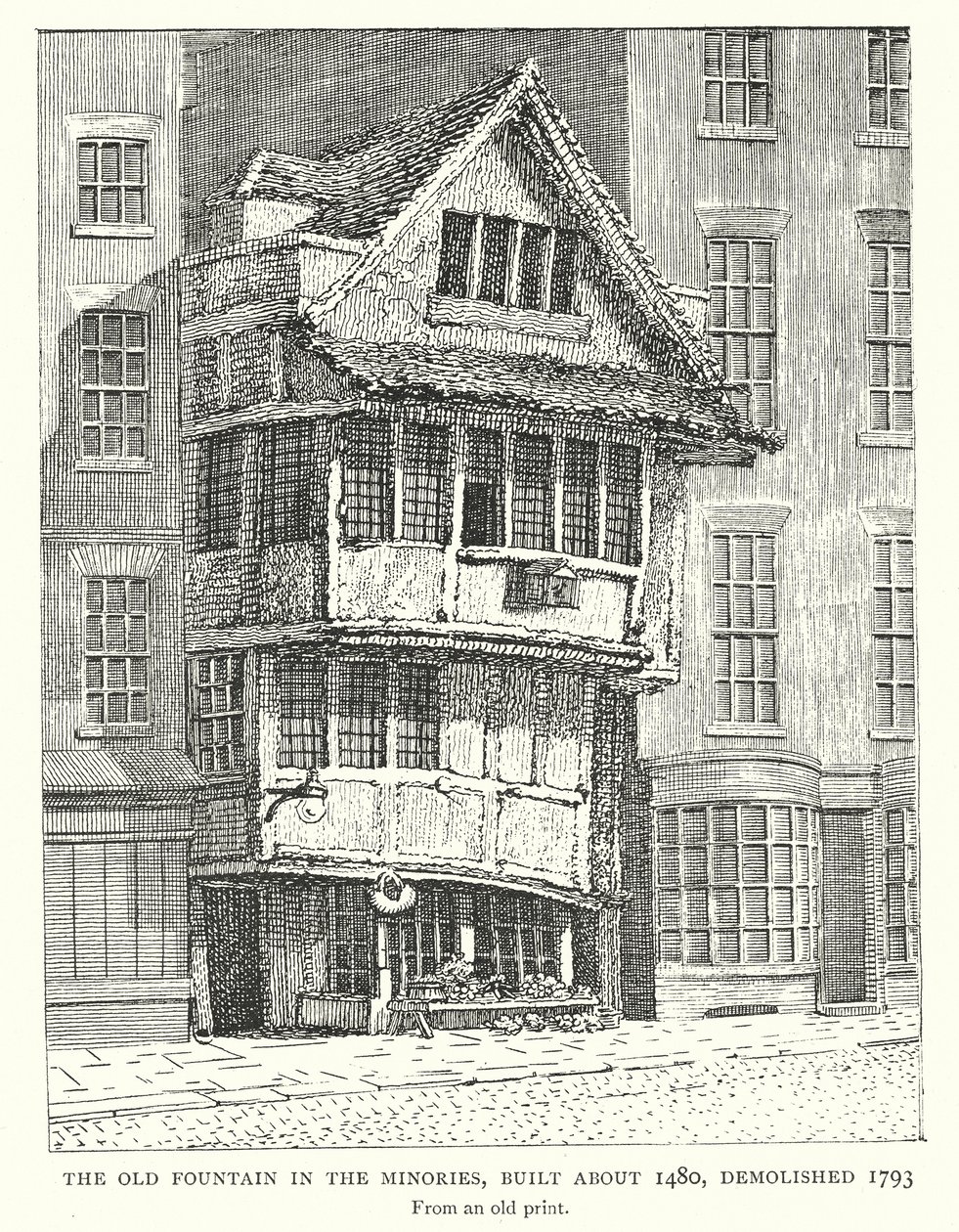 La vieille fontaine des Minories, construite vers 1480, démolie en 1793 (gravure) - English School