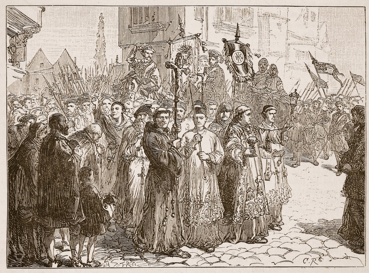 Le pèlerinage de grâce en 1536, illustration de Cassells Illustrated History of England - English School