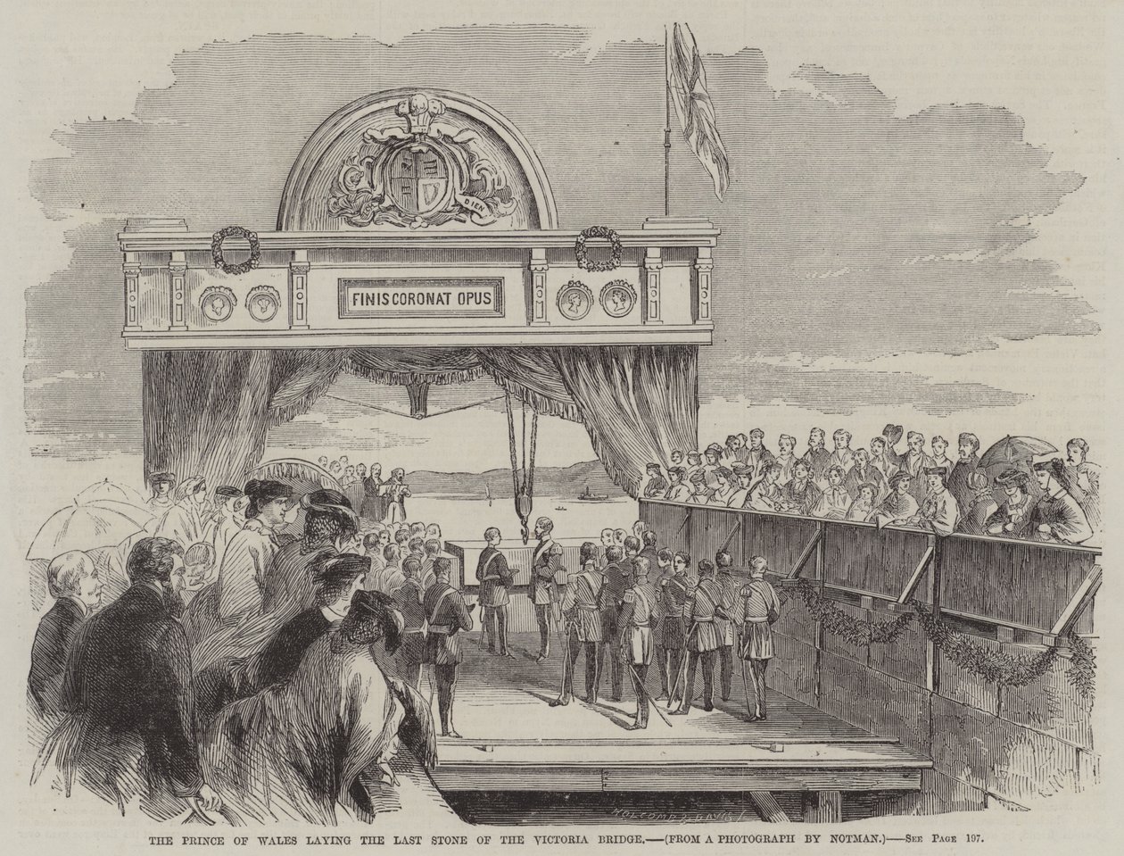 Le Prince de Galles posant la dernière pierre du pont Victoria (gravure) - English School