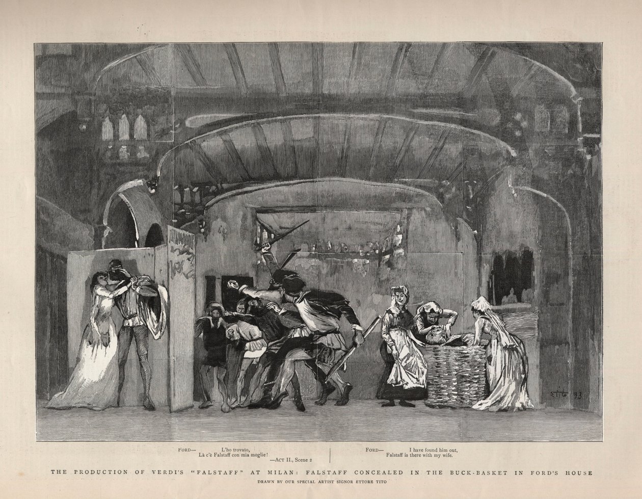 La production de Falstaff de Giuseppe Verdi à Milan, Falstaff caché dans le panier à linge dans la maison de Ford. Illustration pour The Graphic - English School