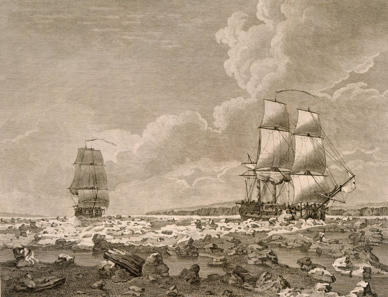 Le Racehorse et le Carcass forçant la glace, 10 août 1773, de A Voyage Towards the North Pole Undertaken by His Majesty