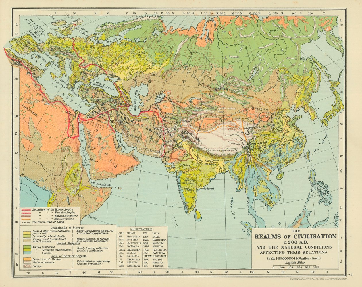 Les domaines de la civilisation vers 200 après J.-C. et les conditions naturelles affectant leurs relations (lithographie couleur) - English School