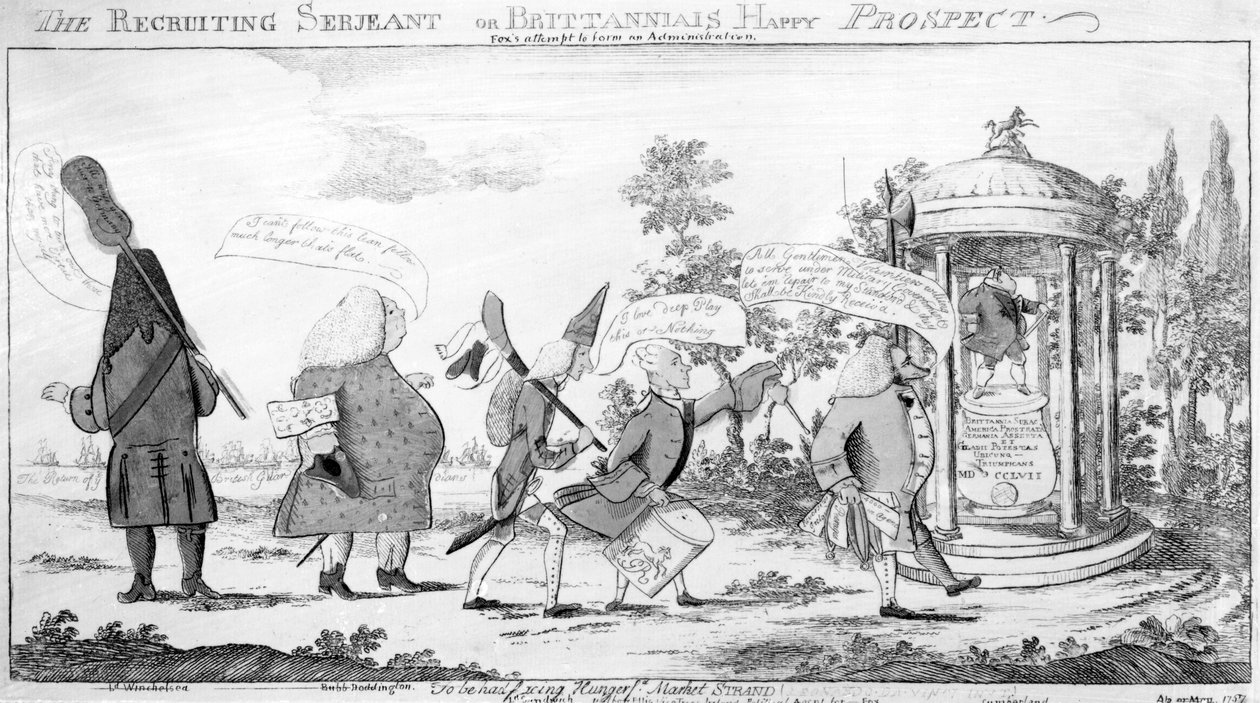 Le Sergent Recruteur ou la Perspective Heureuse de Britannia, gravure réalisée par George Townshend, 1757 - English School