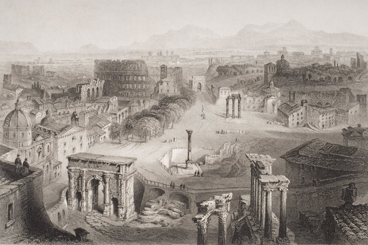 Le Forum Romain depuis la colline du Capitole, Rome, gravé par A. Willmore - English School