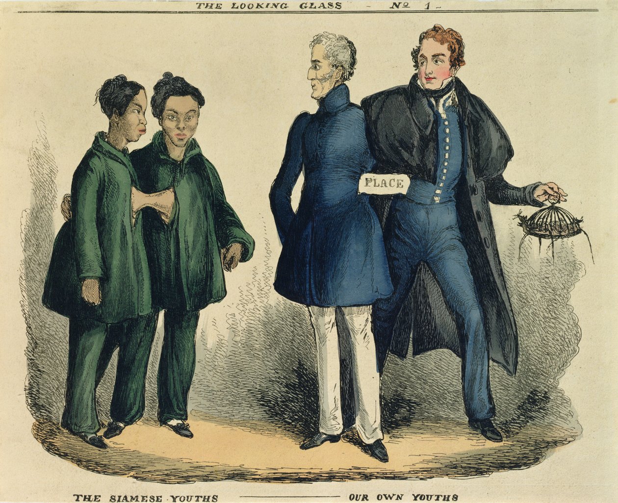 Les Jeunes Siamois - Nos Propres Jeunes, caricature satirique de The Looking Glass, vers 1829 - English School