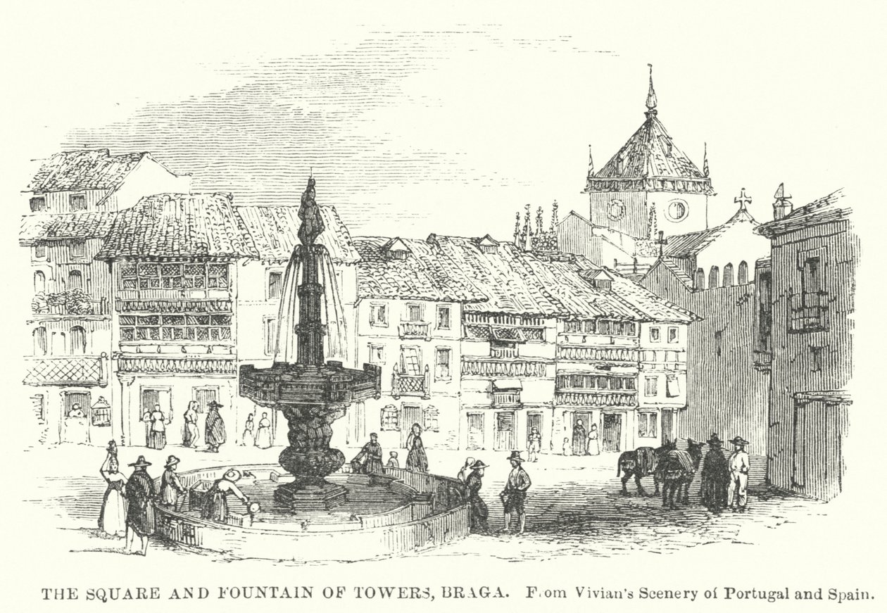 La place et la fontaine des tours, Braga (gravure) - English School