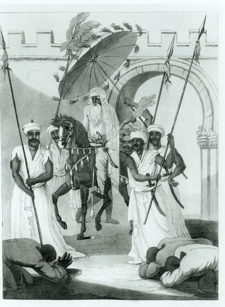 Le sultan du Maroc sortant pour donner audience, de Travels through France and Spain to Morocco par Maurice Keatinge, publié en 1817 - English School