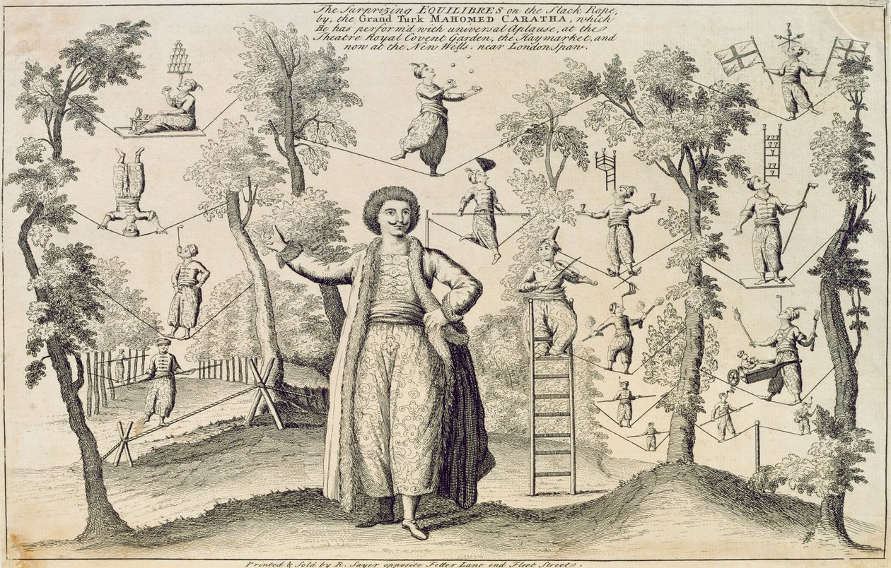 Les Équilibres Surprenants sur la Corde Raide par le Grand Turc, Mahomed Caratha, imprimé par Robert Sayer - English School