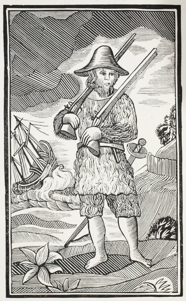 La vie surprenante et les aventures les plus étranges de Robinson Crusoé de la ville de York, marin, illustration de Chap-books du XVIIIe siècle par John Ashton, pub. 1882 - English School