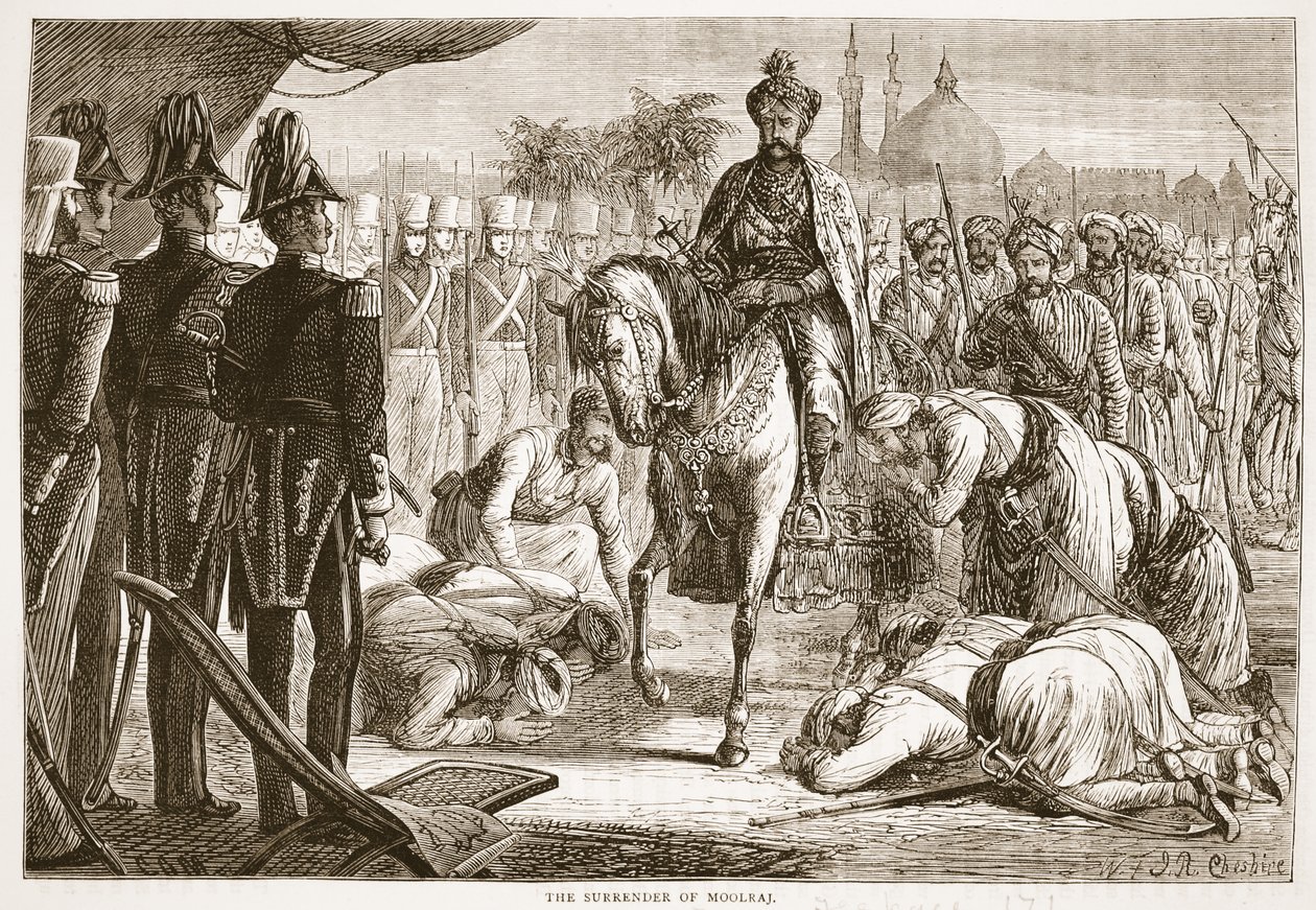 La reddition de Moolraj, illustration de Cassells Illustrated History of England - English School