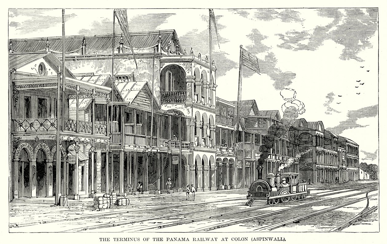 Le terminus du chemin de fer de Panama à Colon (Aspinwall) (gravure) - English School