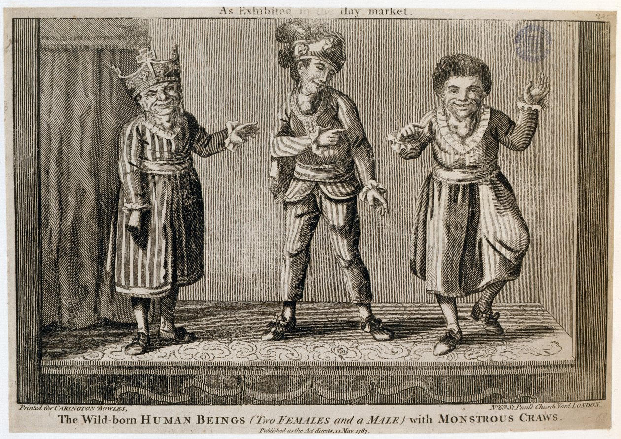 Les Êtres Humains Sauvages (Deux Femmes et un Homme) avec des Goitres Monstrueux, Exposés au Haymarket, imprimé pour Carington Bowles, 1787 - English School