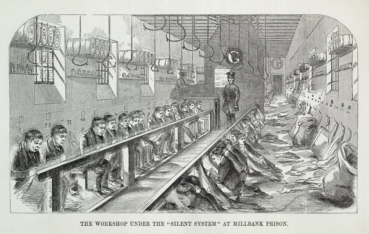 Atelier sous le système silencieux à la prison de Millbank, extrait de The Criminal Prisons of London and Scenes of Prison Life par Henry Mayhew et John Binny, 1862 - English School
