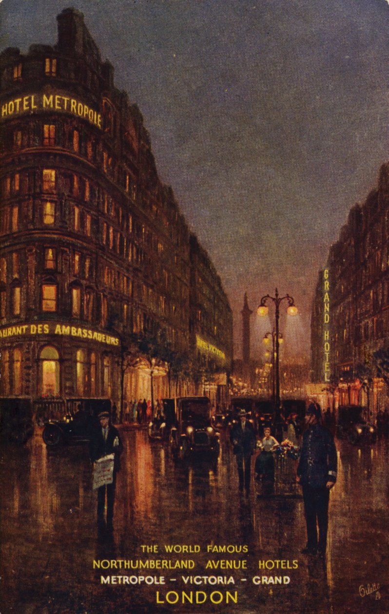Les célèbres hôtels de Northumberland Avenue, Metropole, Victoria, Grand, Londres (lithographie couleur) - English School