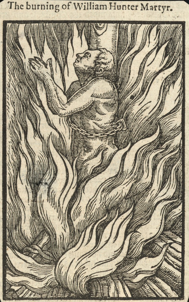 Le bûcher de William Hunter, martyr (gravure) - English School