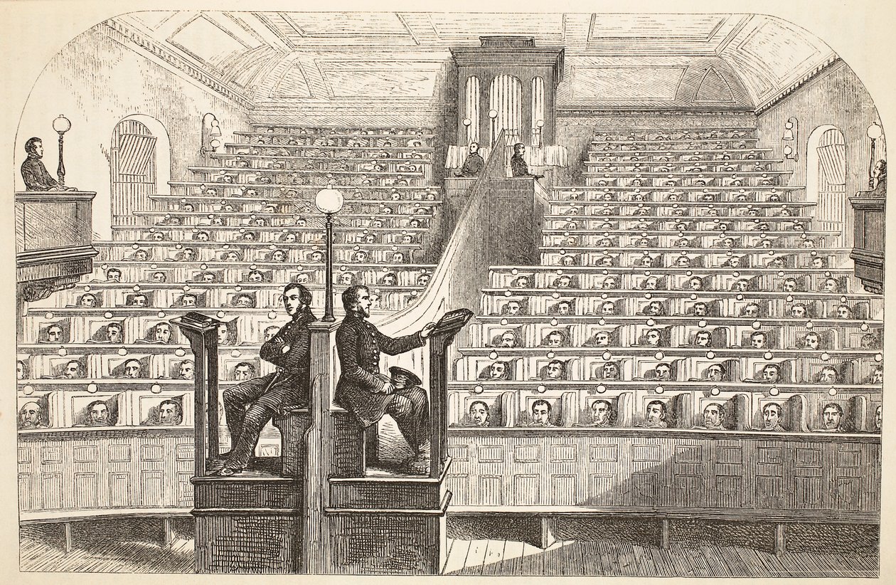 La chapelle, sur le système séparé, à la prison de Pentonville, pendant le service divin, illustration de The Criminal Prisons of London and Scenes from Prison Life par Henry Mayhew et John Binny, pub. 1862 - English School