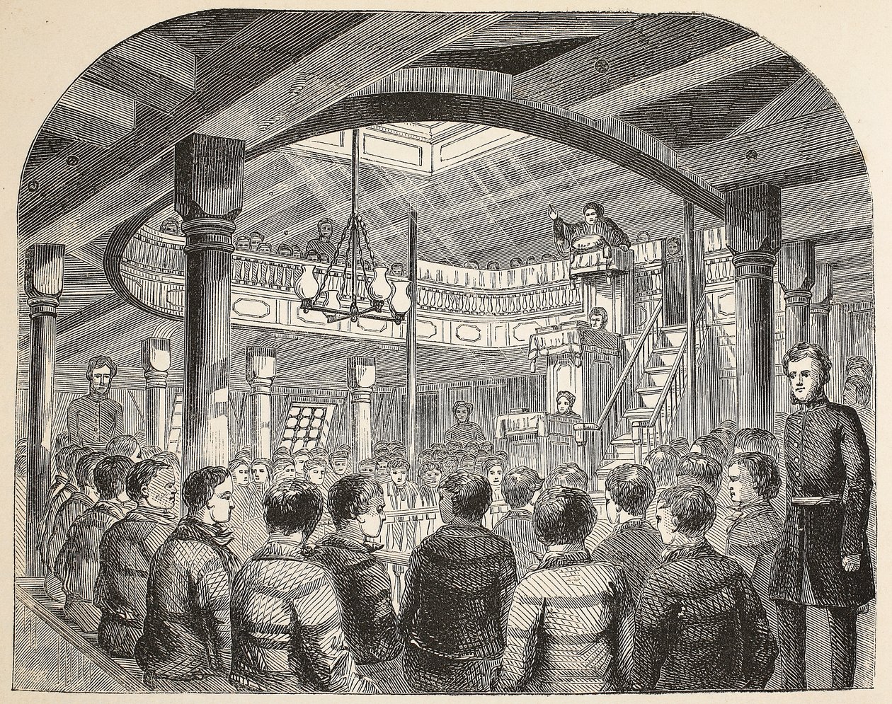 La chapelle des condamnés à bord du Defence hulk à Woolwich, illustration de The Criminal Prisons of London and Scenes from Prison Life par Henry Mayhew et John Binny, pub. 1862 - English School