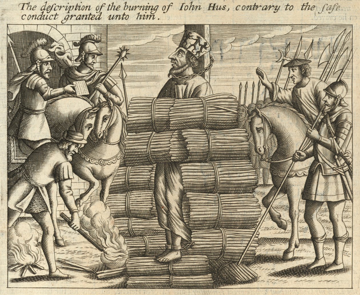 La description du bûcher de Jean Hus, contrairement au sauf-conduit qui lui avait été accordé (gravure) - English School