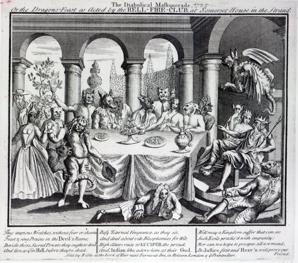 Le bal masqué diabolique, ou le festin des dragons joué par le Hell-Fire-Club, à Somerset House dans le Strand, vers 1721 - English School
