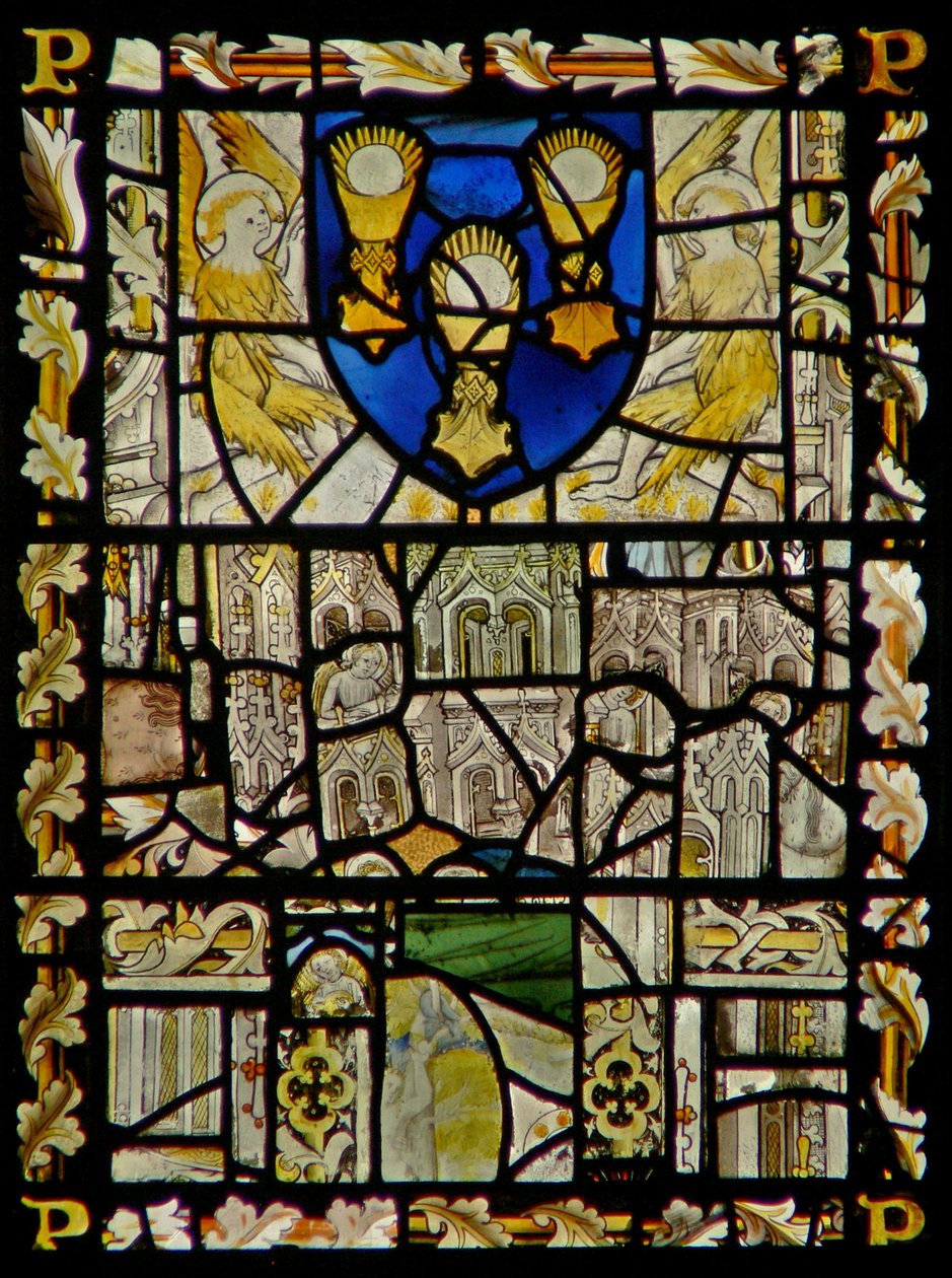 La fenêtre est représentant un bouclier avec des emblèmes du Sacrement; fragments de dais avec des figures - English School
