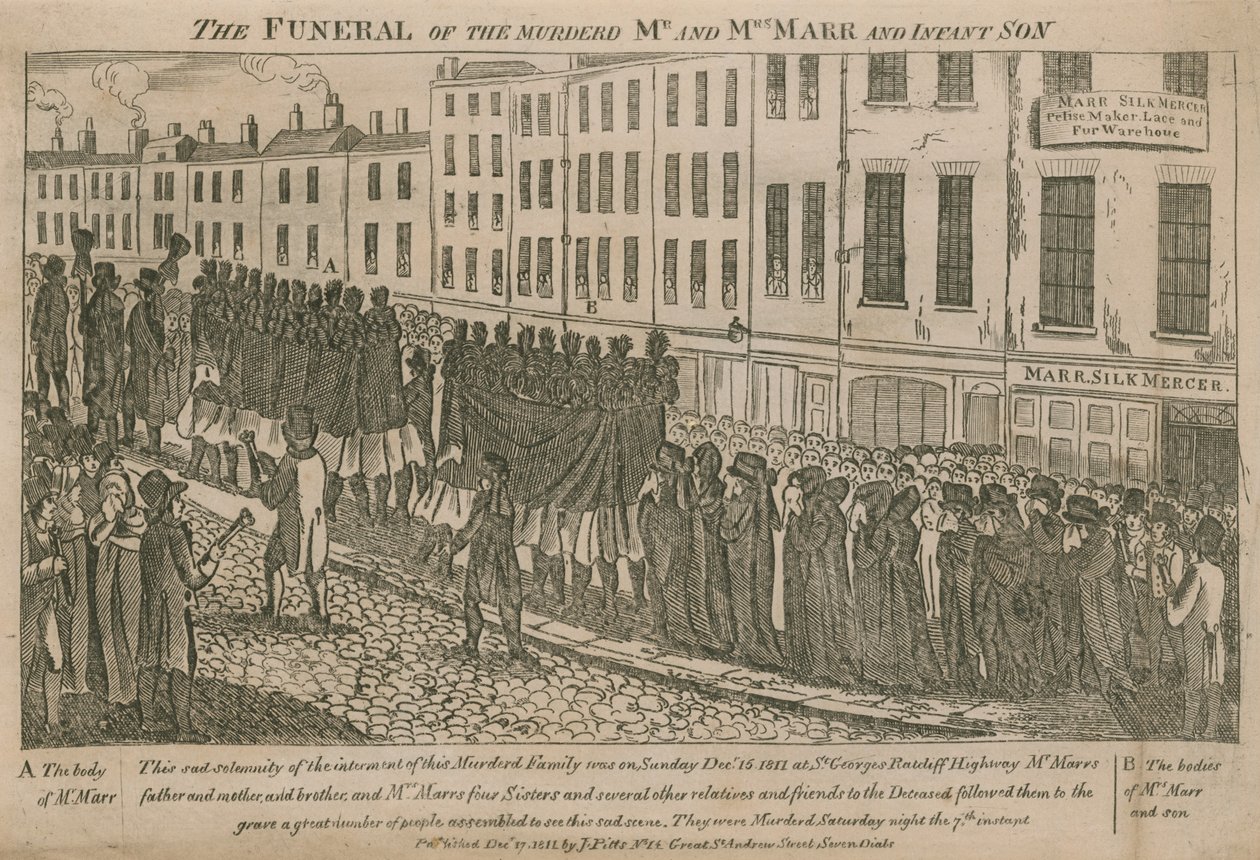 Les funérailles de M. et Mme Parr, assassinés, et de leur fils en bas âge (gravure) - English School