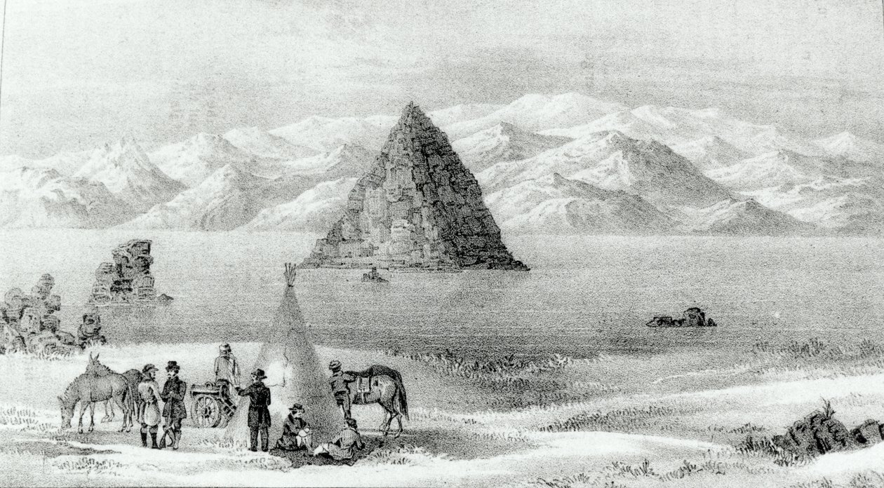 Le howitzer au lac Pyramid en janvier 1844, de Report of the Exploring Expedition to the Rocky Mountains in 1842 and to Oregon and North Carolina in 1843-44 par John C. Fremont, publié en 1845 - English School