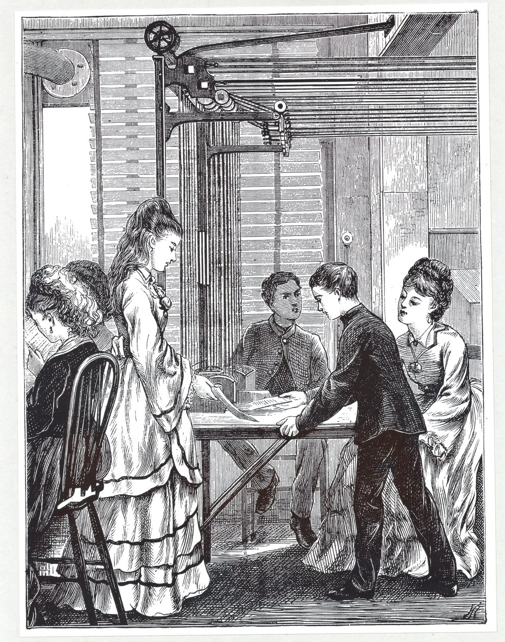 Les instruments pour transmettre des messages au siège du télégraphe de la poste, Telegraph Street, Londres, du Graphic, 1871 - English School