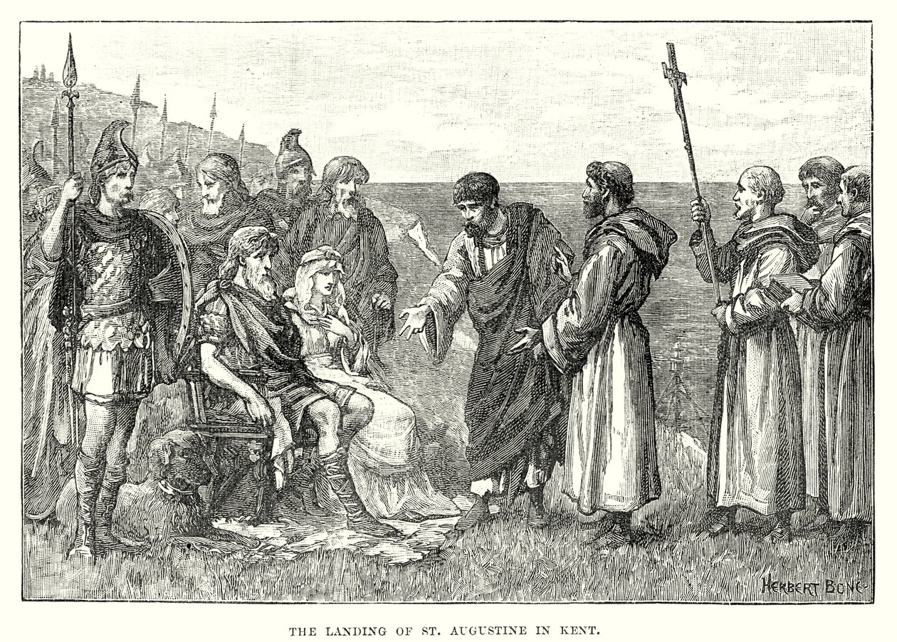 Le débarquement de Saint Augustin dans le Kent (gravure) - English School