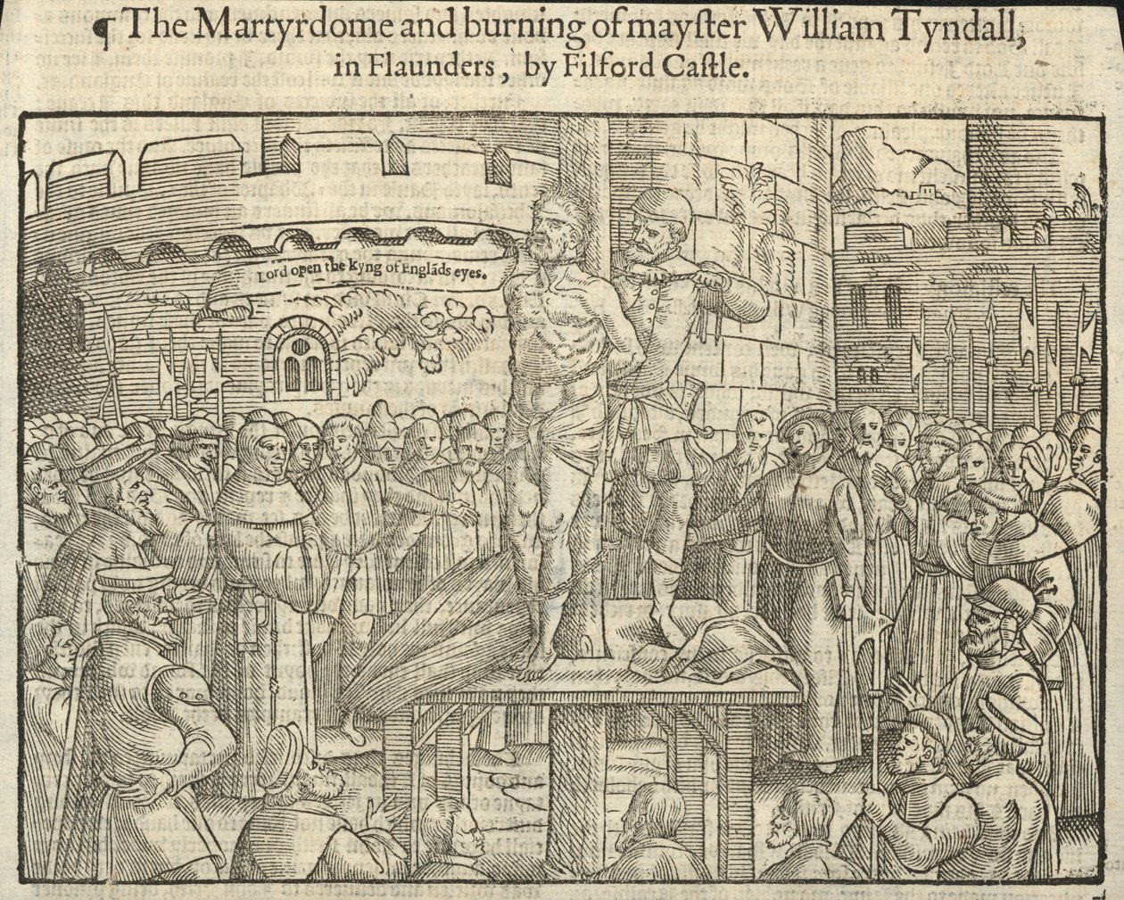 Le martyre et le bûcher de William Tyndall à Flaunders, près du château de Filford (gravure) - English School