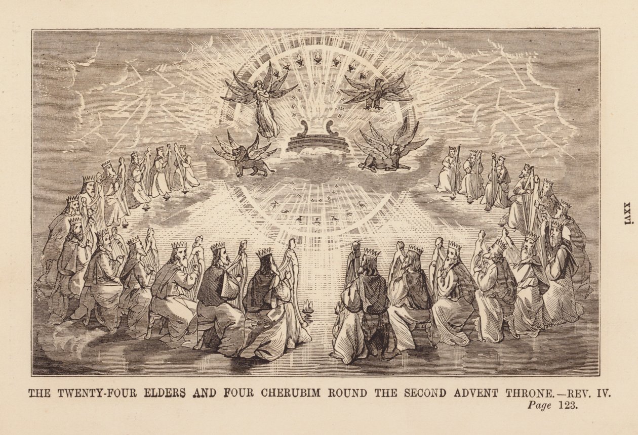 Les vingt-quatre vieillards et les quatre créatures autour du trône dans le ciel (gravure) - English School