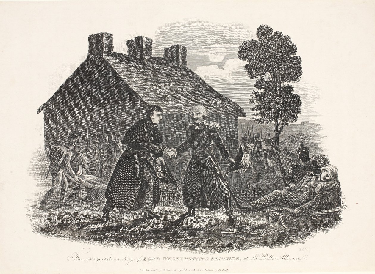 La rencontre inattendue de Lord Wellington et Blücher à La Belle Alliance, publié par T Kelly, 1811 - English School