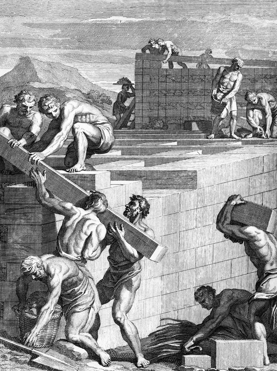 Les murs des villes chez les Gaulois sont construits de cours alternés de pierres et de poutres, gravé par Cornelis Huyberts, illustration des Commentaires de César traduit en anglais par William Duncan - English School